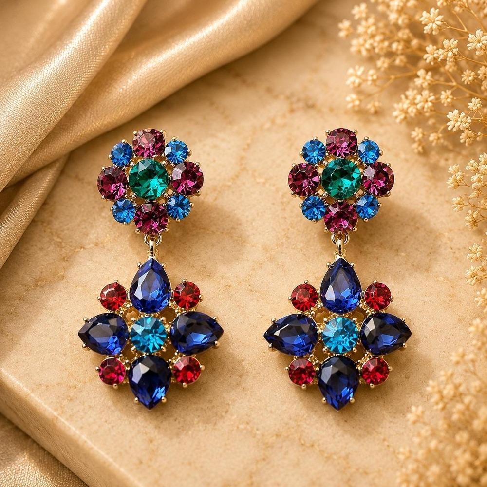 Vintage Y2K Monet Multicolor Crystal Statement Earrings Sample One of a Kind